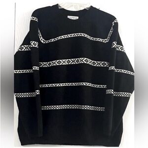 Clan Douglas Cashmere Classic Black Crewneck Sweater White Nordic Stripes Sz M